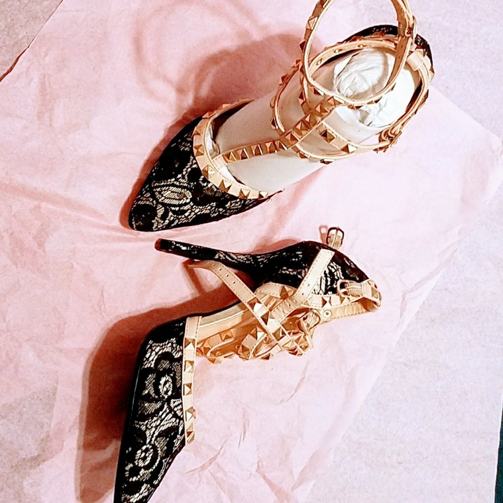 BLK LACE & GOLD STUD HEELS,  8. **LAST CHANCE **